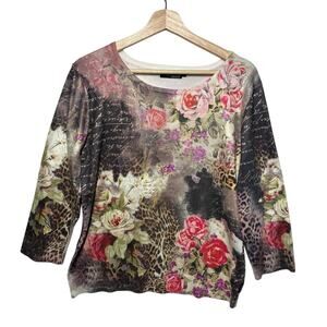 Impulse 3/4 Sleeve Floral Graphic Print Y2K 90s Colorful Cheetah Shirt Top Sz M